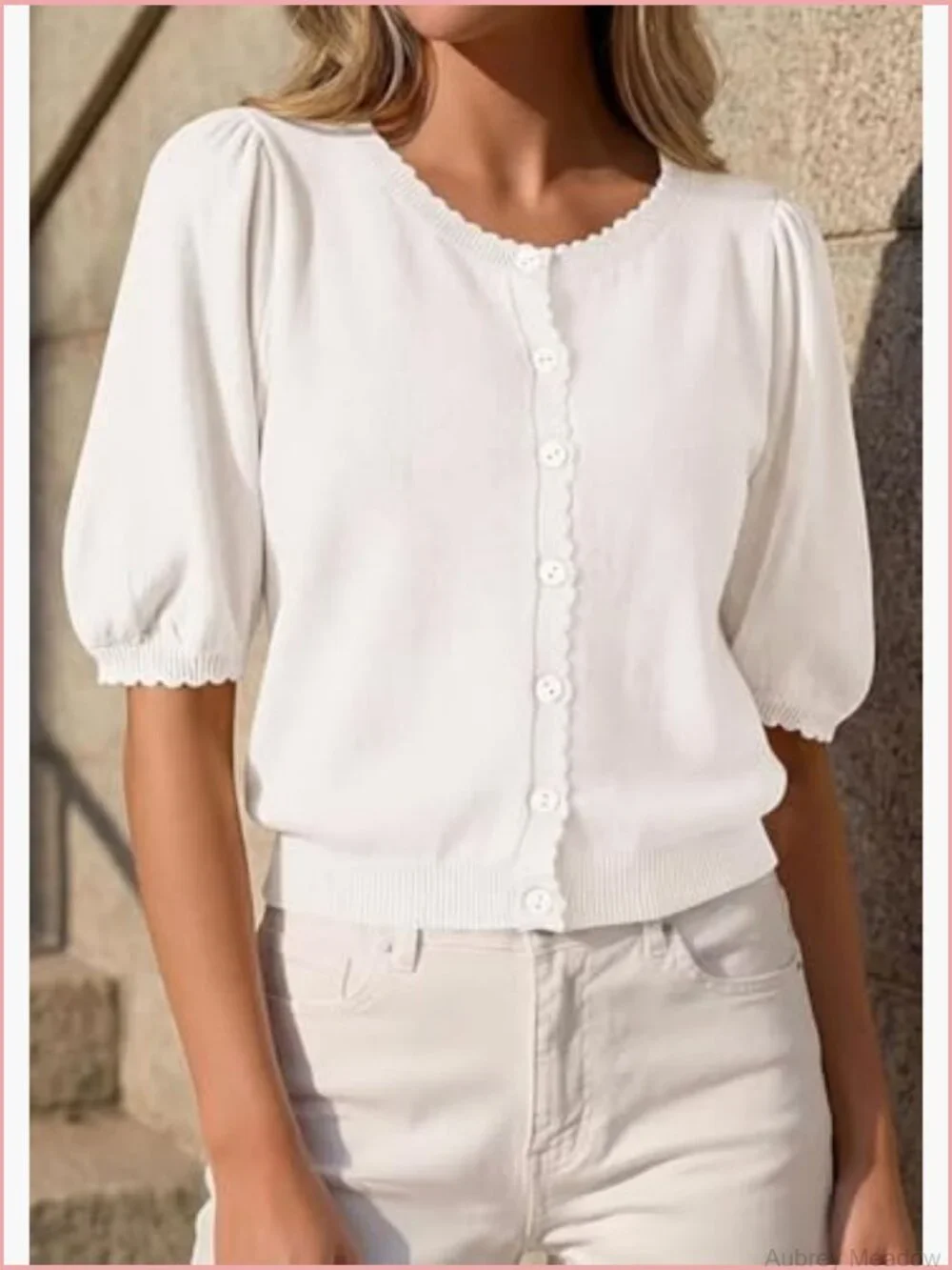 Puff Short Sleeve Cardigan Lightweight Button Down Knit Sweater Top - Picture 3 of 7